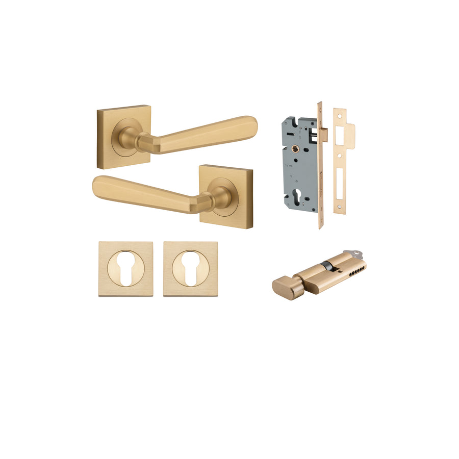 Copenhagen Lever on Square Rose Brushed Brass Entrance Kit - Key/Thumb Turn