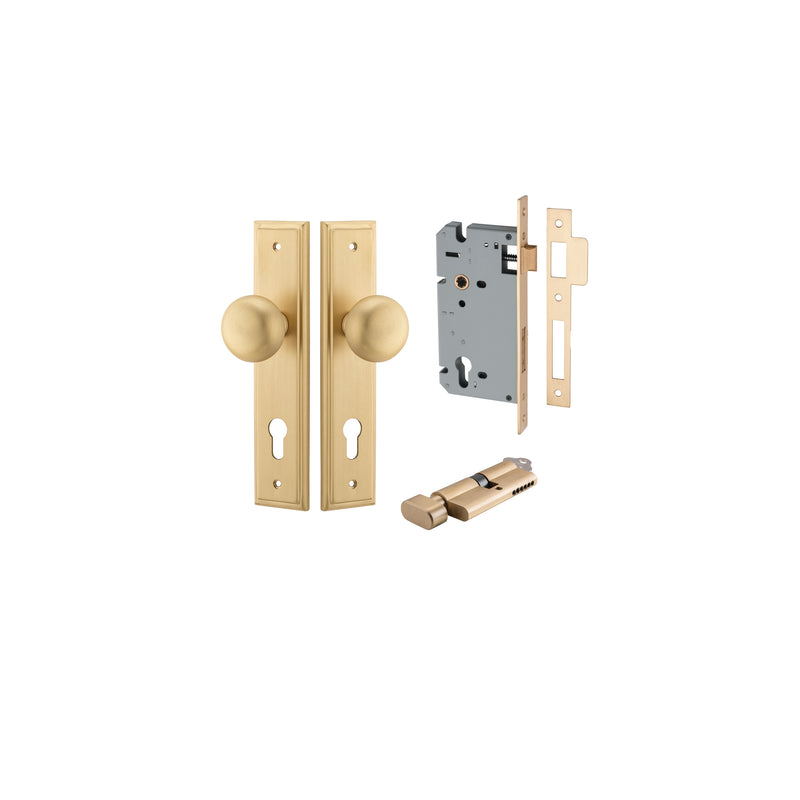 Cambridge Knob Stepped Brushed Brass Entrance Kit - Key/Thumb Turn