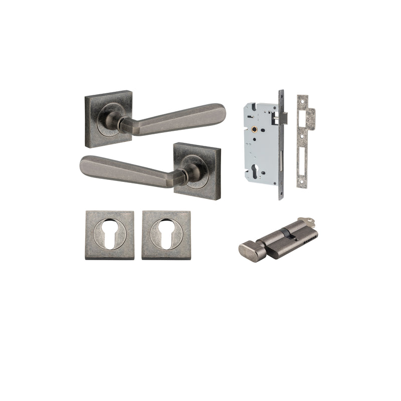 Copenhagen Lever on Square Rose Distressed Nickel Entrance Kit - Key/Thumb Turn