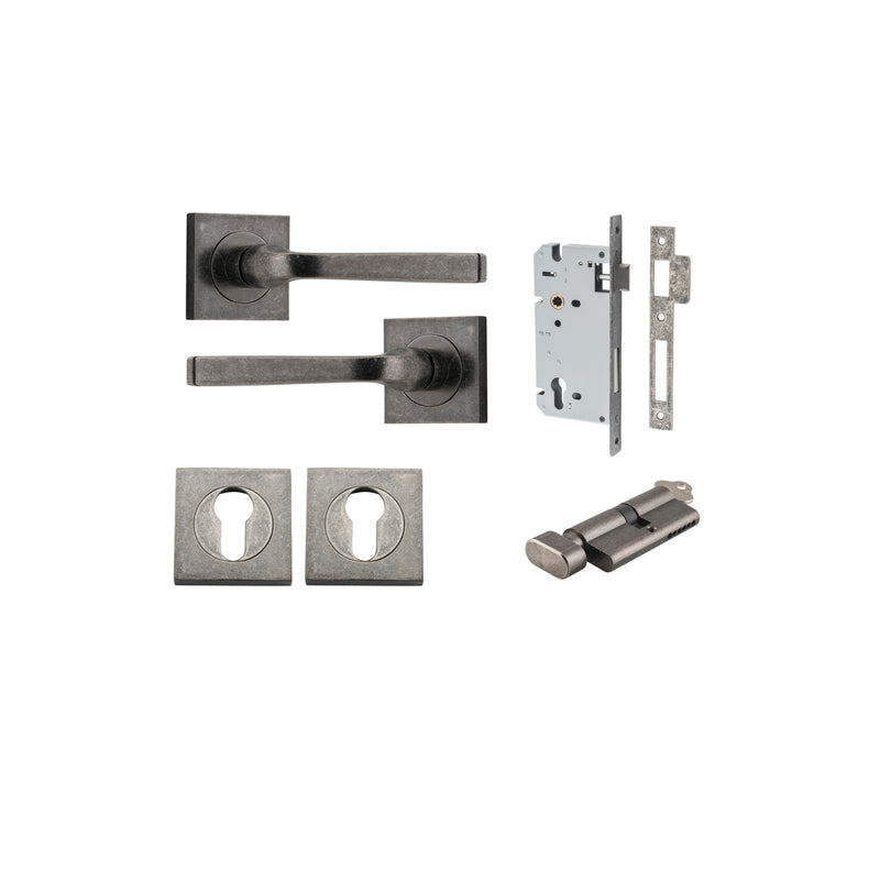 Annecy Lever on Square Rose Distressed Nickel Entrance Kit - Key/Thumb Turn