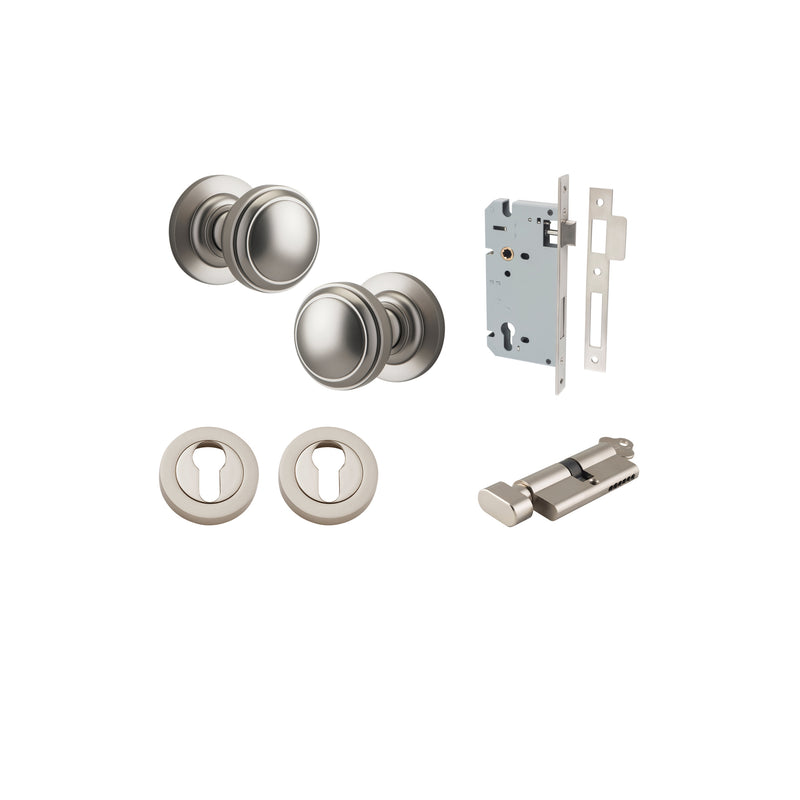 Paddington Knob on Rose Satin Nickel Entrance Kit - Key/Thumb Turn