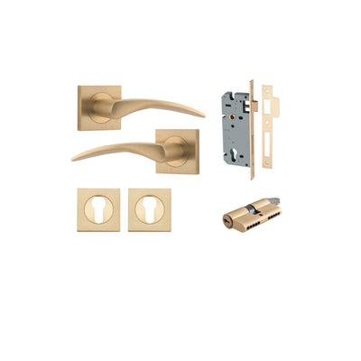 Oxford Lever on Square Rose Brushed Brass Entrance Kit - Key/Key