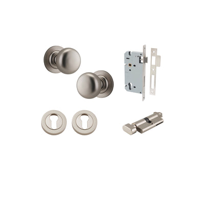 Cambridge Knob on Rose Satin Nickel Entrance Kit - Key/Thumb Turn