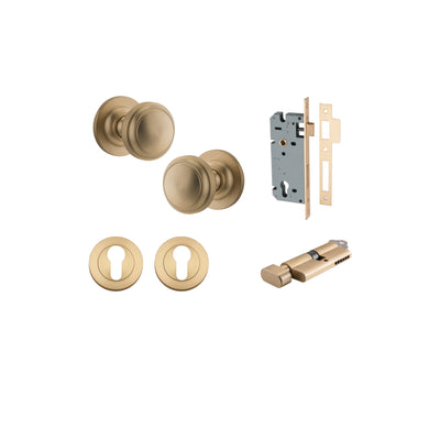 Paddington Knob on Rose Brushed Brass Entrance Kit - Key/Thumb Turn