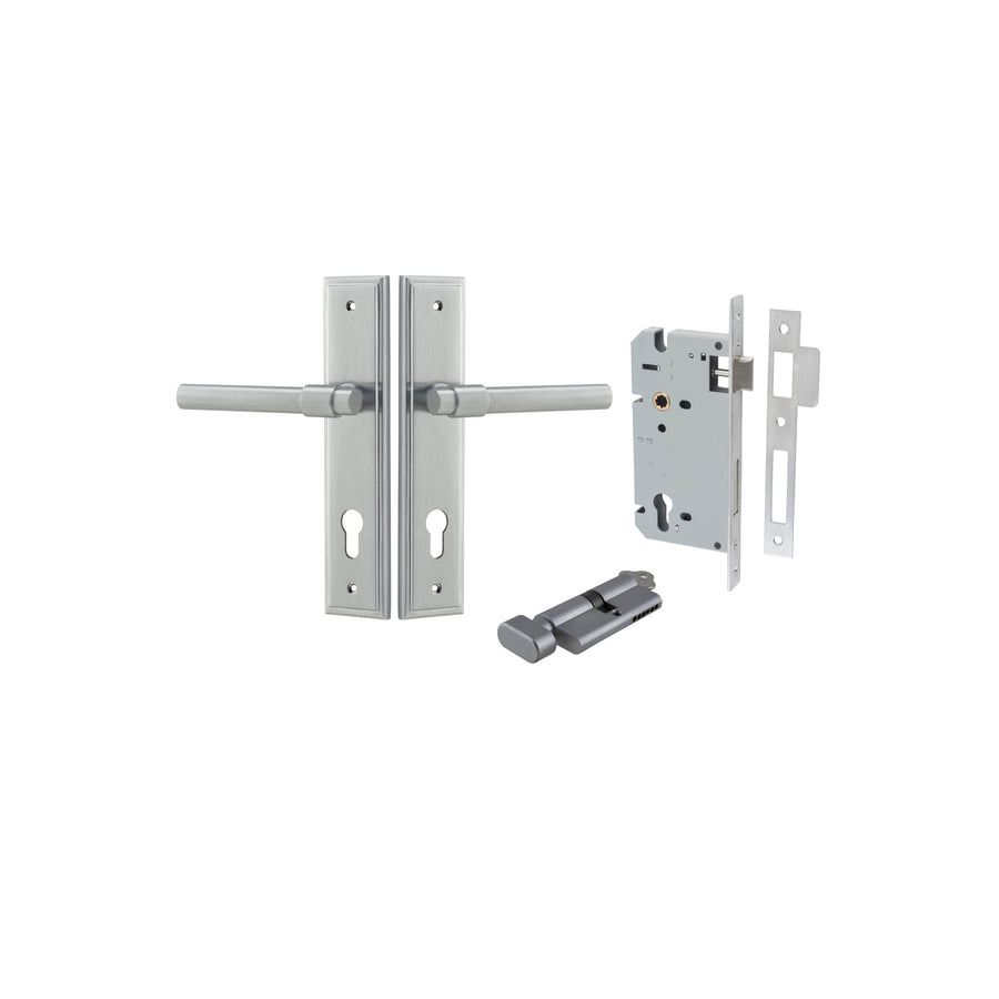 Helsinki Lever Stepped Brushed Chrome Entrance Kit - Key/Thumb Turn