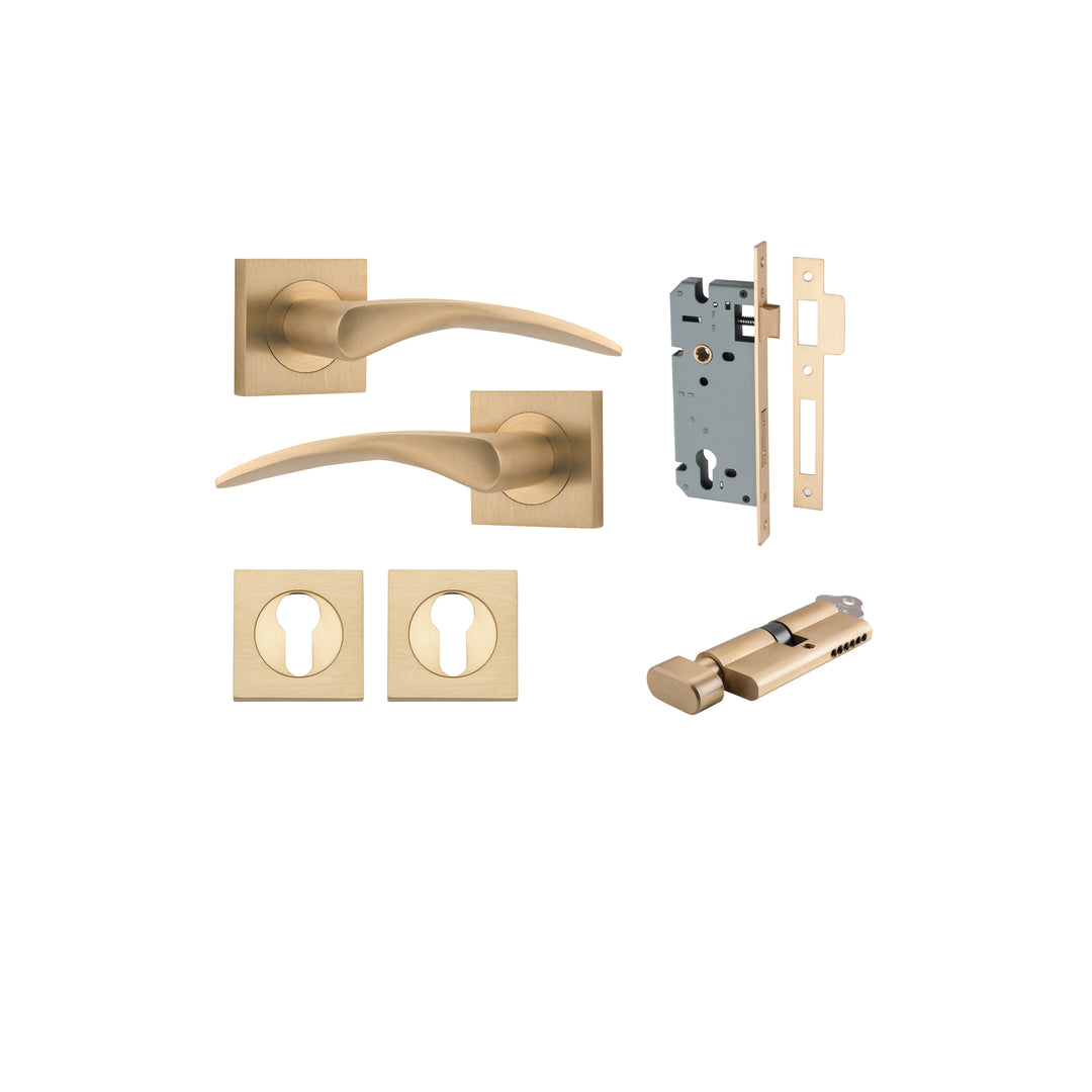 Oxford Lever on Square Rose Brushed Brass Entrance Kit - Key/Thumb Turn