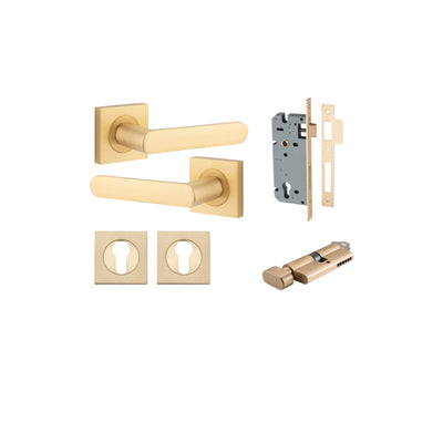 Osaka Lever on Square Rose Brushed Brass Entrance Kit - Key/Thumb Turn