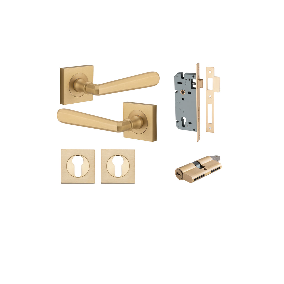 Copenhagen Lever on Square Rose Brushed Brass Entrance Kit - Key/Key
