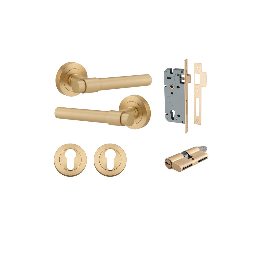 Helsinki Lever on Rose Brushed Brass Entrance Kit - Key/Key