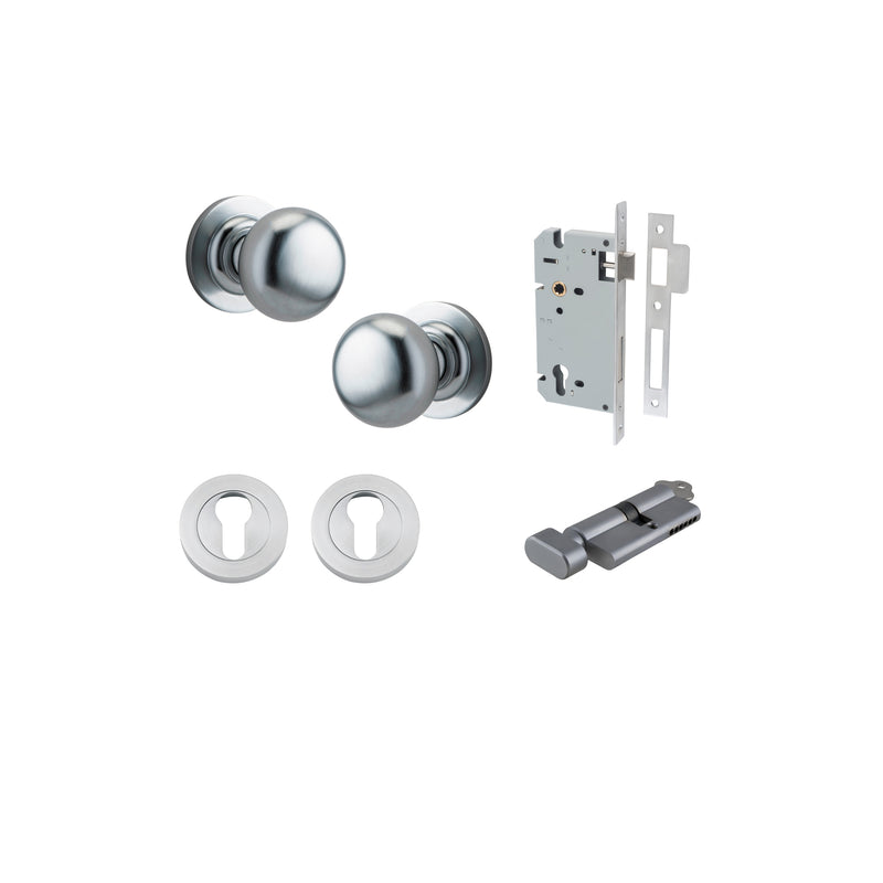 Cambridge Knob on Rose Brushed Chrome Entrance Kit - Key/Thumb Turn