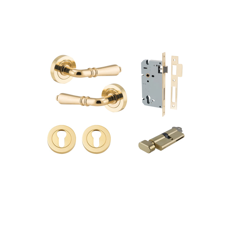 Sarlat Lever on Rose Polished Brass Entrance Kit - Key/Thumb Turn