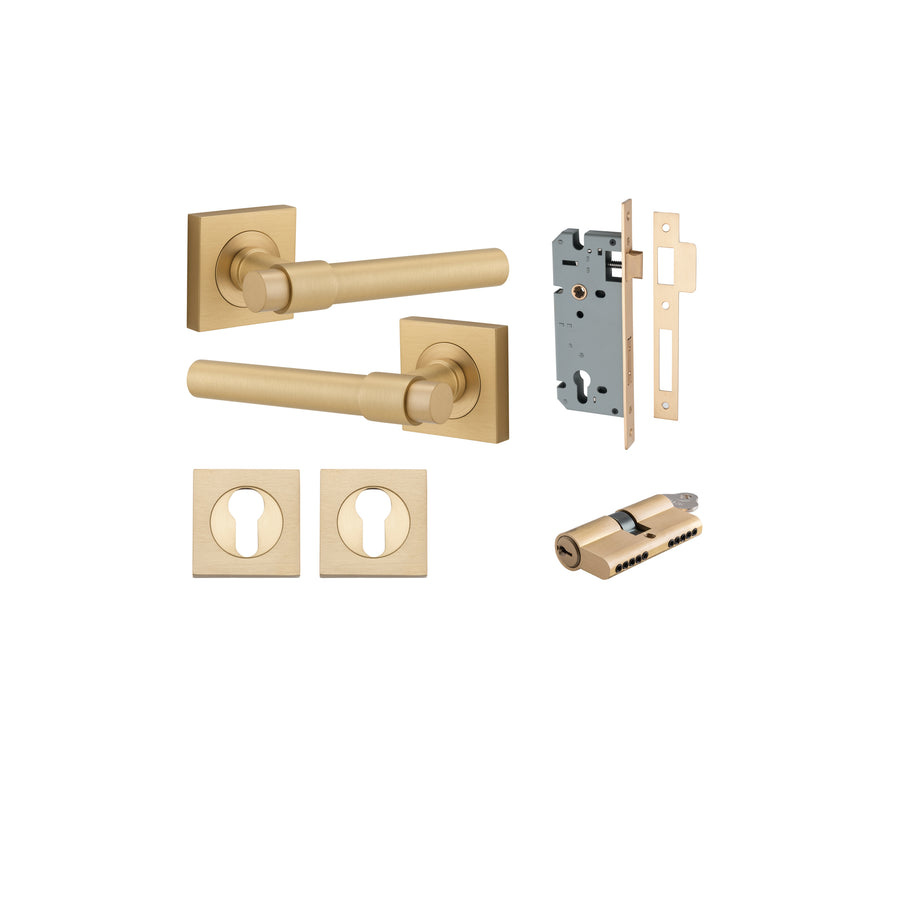 Helsinki Lever on Square Rose Brushed Brass Entrance Kit - Key/Key