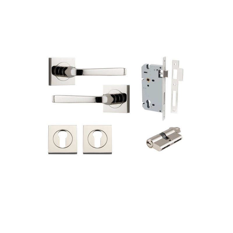 Annecy Lever on Square Rose Polished Nickel Entrance Kit - Key/Key