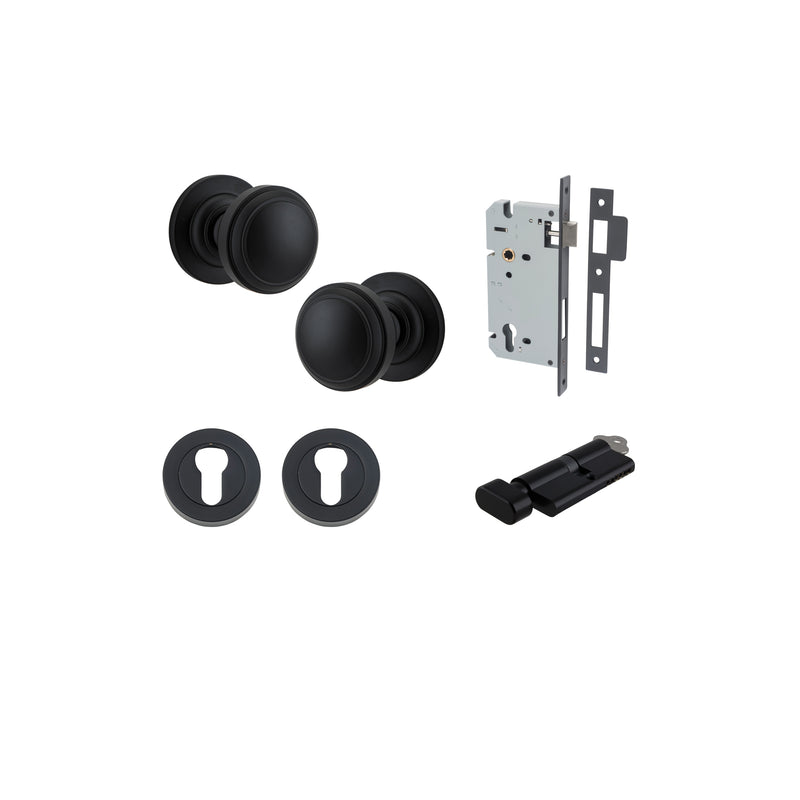 Paddington Knob on Rose Matt Black Entrance Kit - Key/Thumb Turn