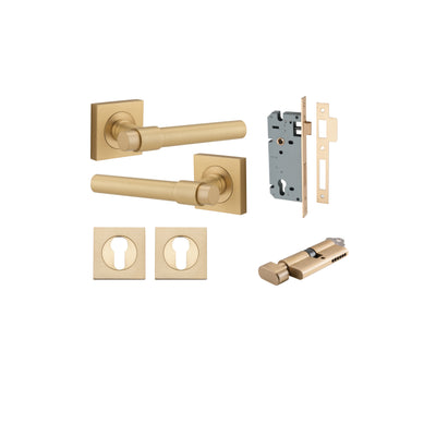 Helsinki Lever on Square Rose Brushed Brass Entrance Kit - Key/Thumb Turn