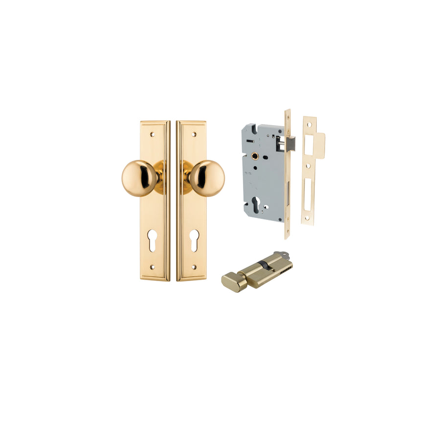 Cambridge Knob Stepped Polished Brass Entrance Kit - Key/Thumb Turn