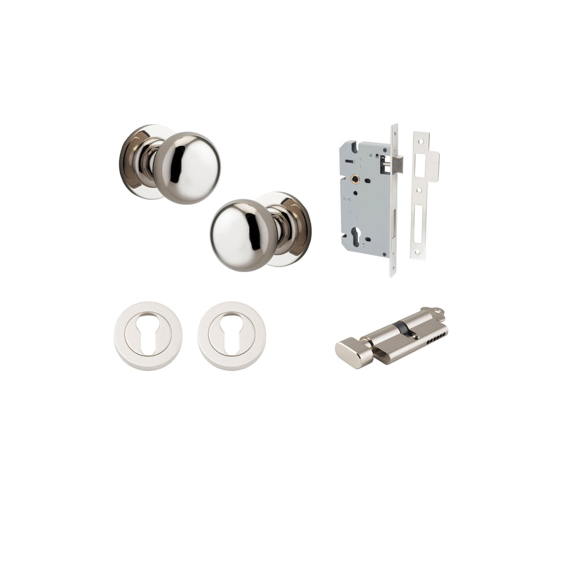 Cambridge Knob on Rose Polished Nickel Entrance Kit - Key/Thumb Turn