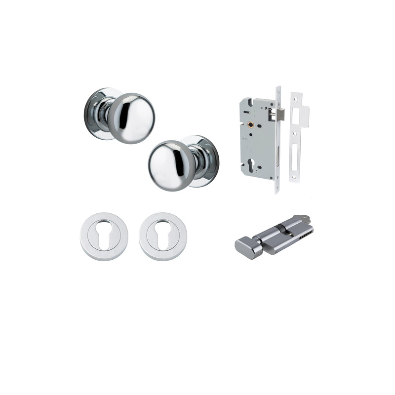 Cambridge Knob on Rose Polished Chrome Entrance Kit - Key/Thumb Turn