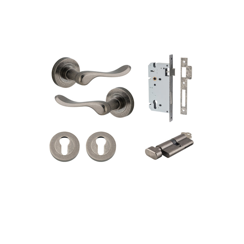 Stirling Lever on Rose Distressed Nickel Entrance Kit - Key/Thumb Turn