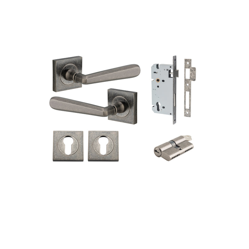 Copenhagen Lever on Square Rose Distressed Nickel Entrance Kit - Key/Key