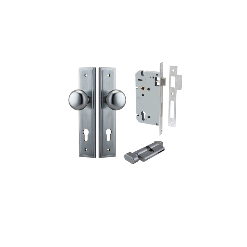 Cambridge Knob Stepped Brushed Chrome Entrance Kit - Key/Thumb Turn