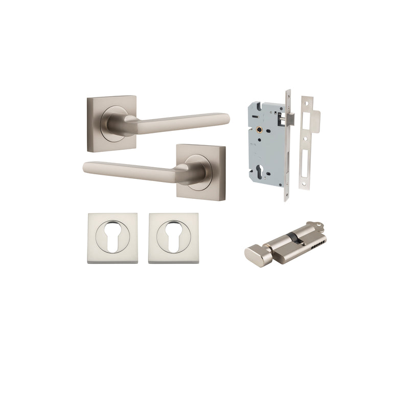 Baltimore Lever on Square Rose Satin Nickel Entrance Kit - Key/Thumb Turn