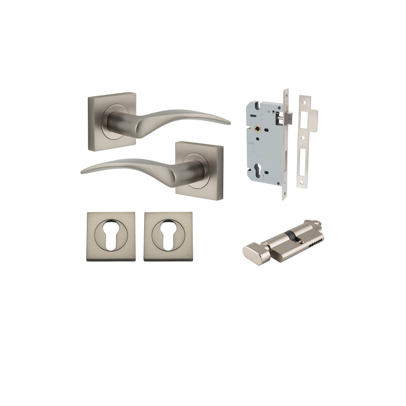 Oxford Lever on Square Rose Satin Nickel Entrance Kit - Key/Thumb Turn