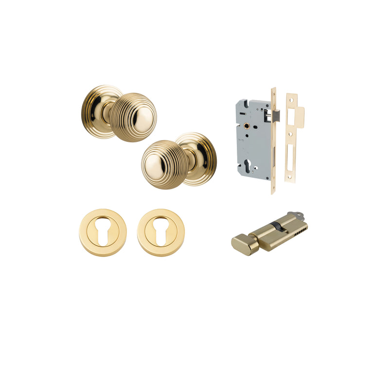 Guildford Knob on Rose Polished Brass Entrance Kit - Key/Thumb Turn