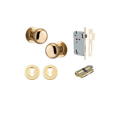 Cambridge Knob on Rose Polished Brass Entrance Kit - Key/Key