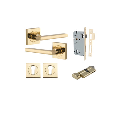 Baltimore Lever on Square Rose Polished Brass Entrance Kit - Key/Thumb Turn