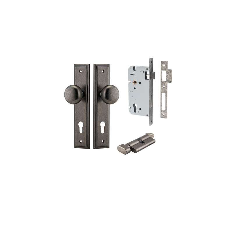 Cambridge Knob Stepped Distressed Nickel Entrance Kit - Key/Thumb Turn