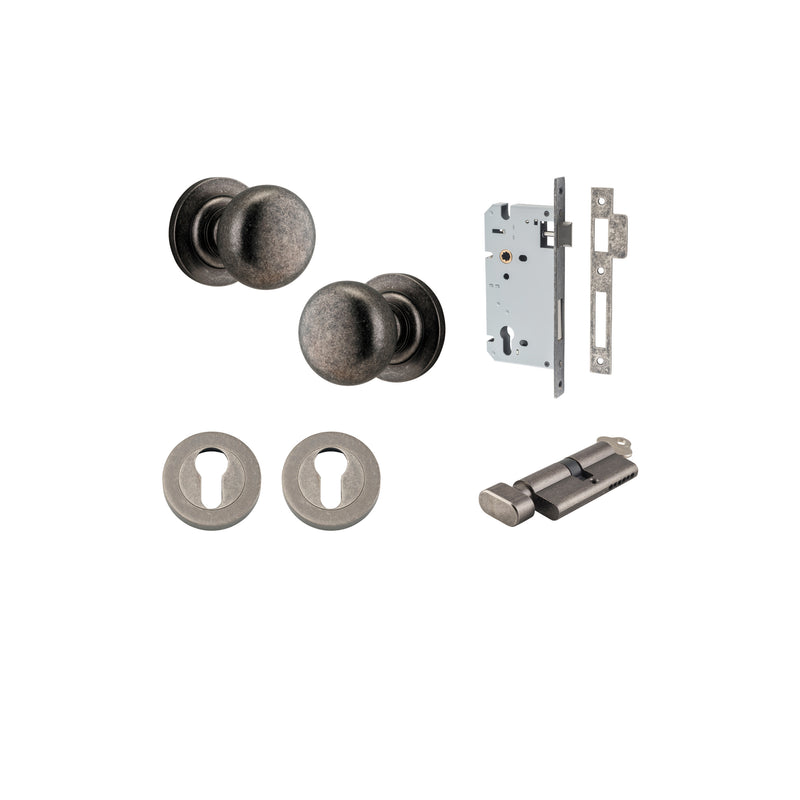 Cambridge Knob on Rose Distressed Nickel Entrance Kit - Key/Thumb Turn