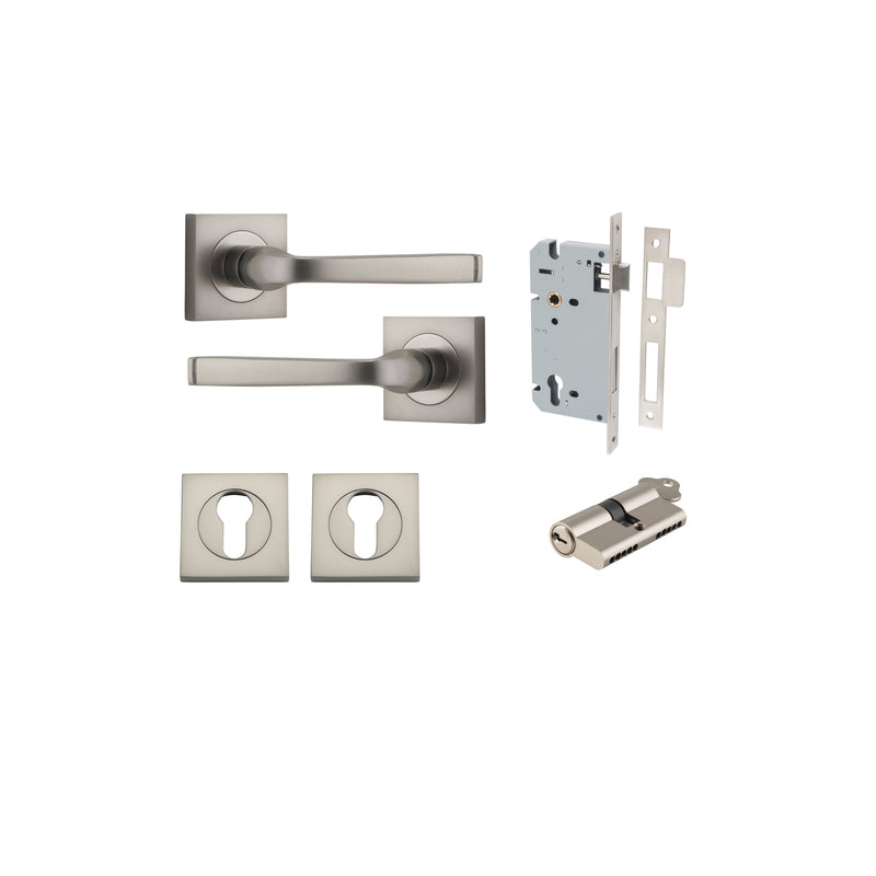 Annecy Lever on Square Rose Satin Nickel Entrance Kit - Key/Key