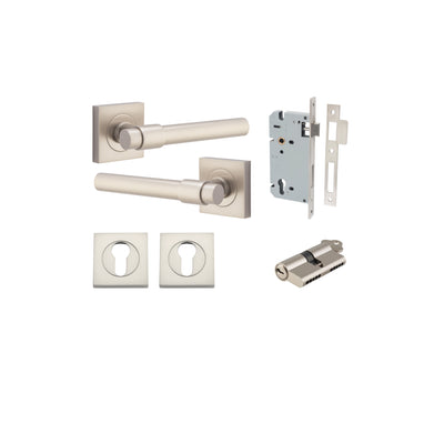 Helsinki Lever on Square Rose Satin Nickel Entrance Kit - Key/Key