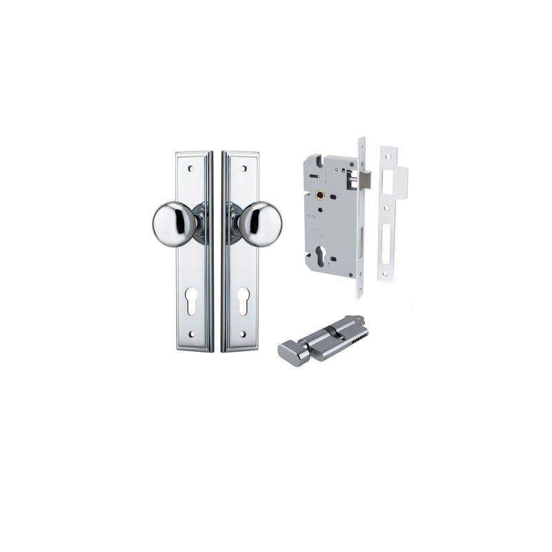 Cambridge Knob Stepped Polished Chrome Entrance Kit - Key/Thumb Turn